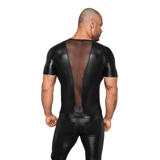 Vue de dos du t-shirt noir Noir Handmade en powerwetlook avec large bande de filet 3D transparent - Oh My God'Z