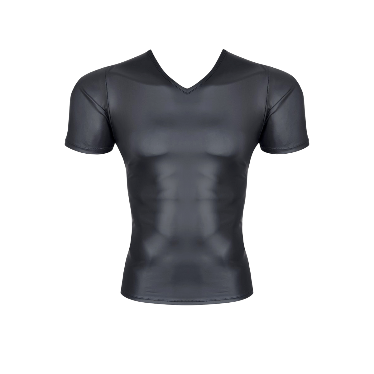 T-shirt homme wetlook noir Regnes a col en V et manches courtes, matiere brillante extensible, vue avant - Oh My God'Z