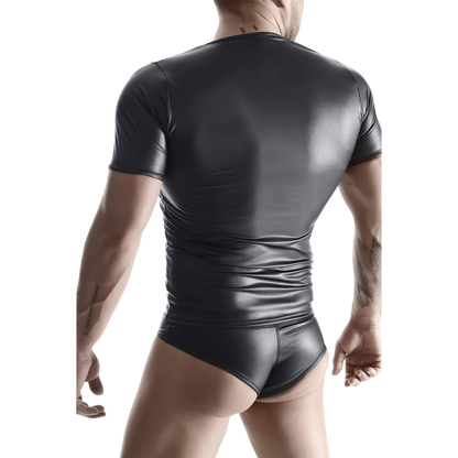 Vue de dos d'un homme en t-shirt wetlook noir Regnes moulant et slip noir brillant assorti, coutures visibles - Oh My God'Z