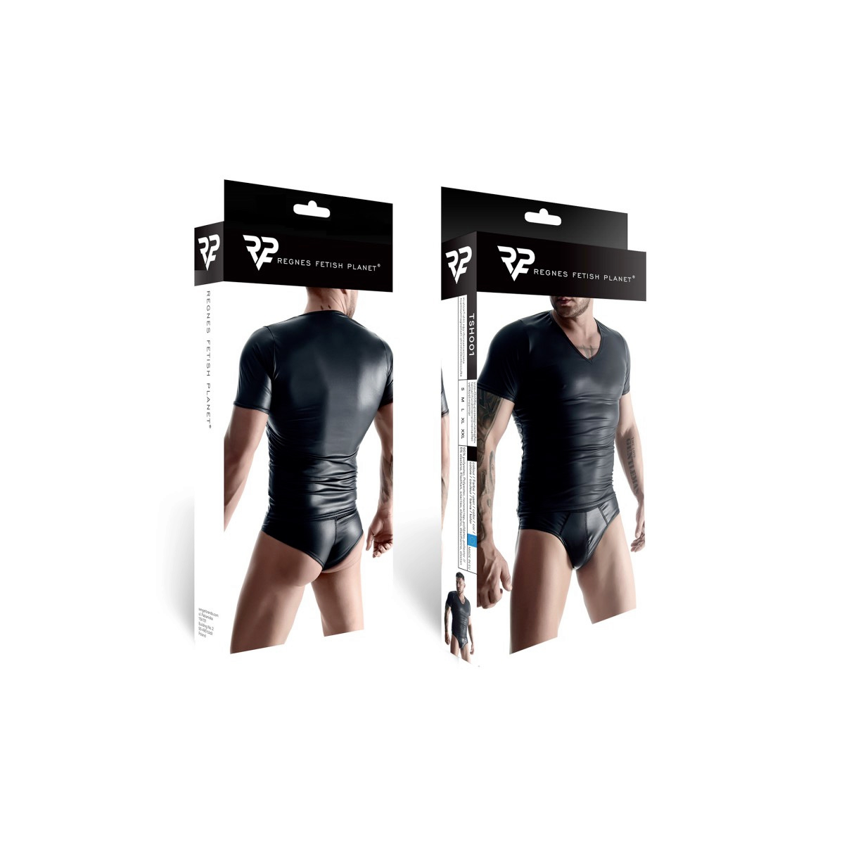 Emballage du t-shirt wetlook noir Regnes Fetish Planet, packaging avant et arriere avec visuels du produit - Oh My God'Z