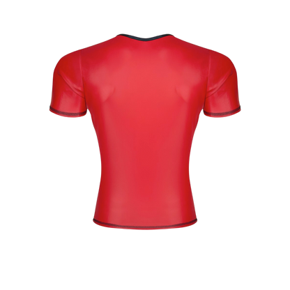 Dos du t-shirt wetlook rouge Regnes en tissu extensible brillant, coutures noires apparentes - Oh My God'Z