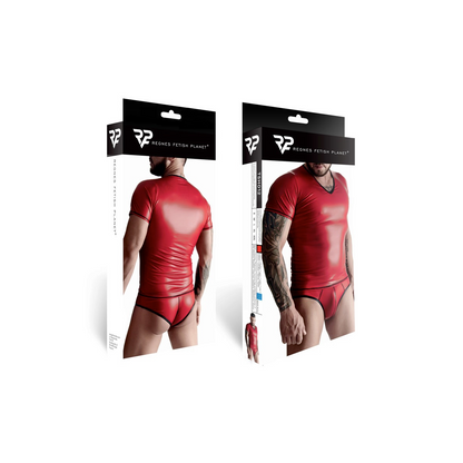 Emballage du t-shirt wetlook rouge Regnes Fetish Planet avec visuels du produit porte, recto verso - Oh My God'Z