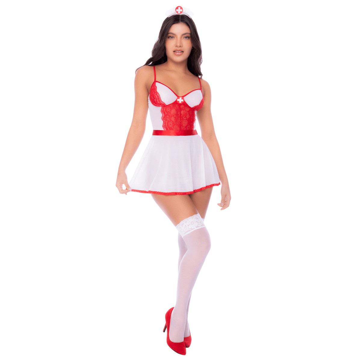 Tenue infirmiere 3 pieces Mapale portee avec bas blancs et escarpins rouges, vue de face entiere - Oh My God'Z