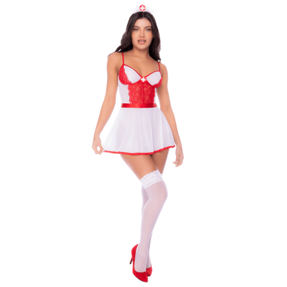 Tenue infirmiere 3 pieces Mapale portee avec bas blancs et escarpins rouges, vue de face entiere - Oh My God'Z