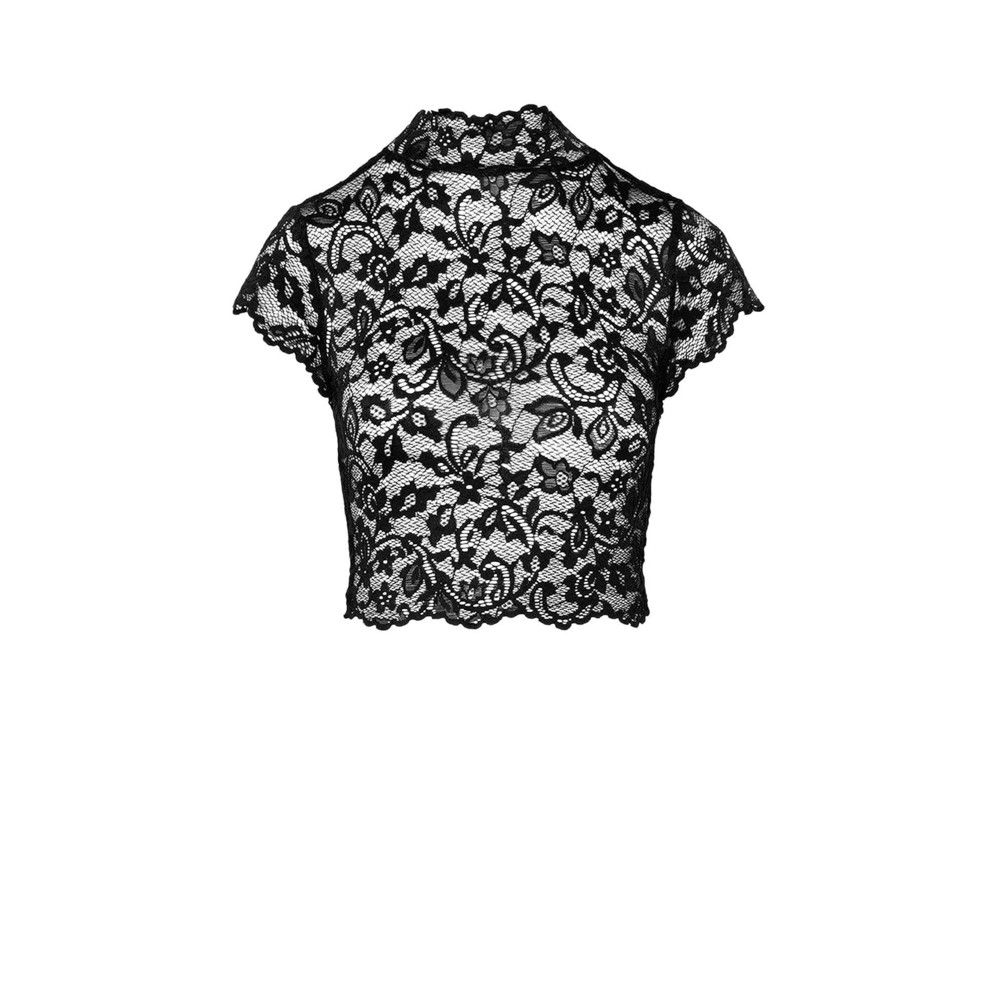 Détail de la dentelle florale transparente du top court Essence Noir Handmade - Oh My God'Z
