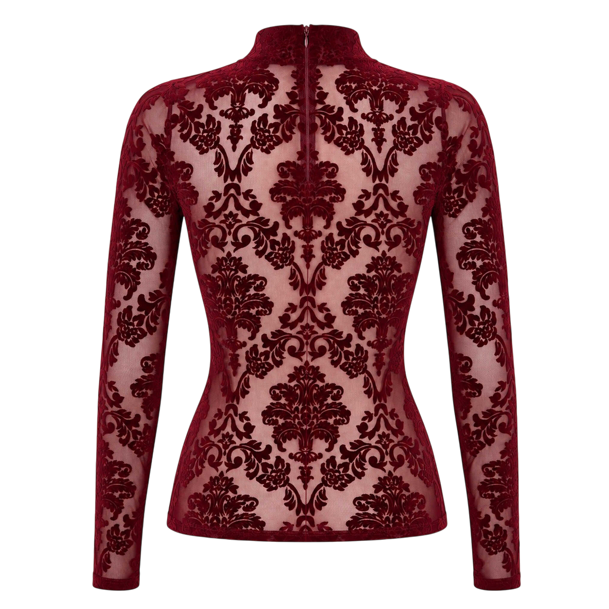 Dos du top bordeaux en tulle floque transparent a motifs baroques avec court zip invisible au col - Oh My God'Z