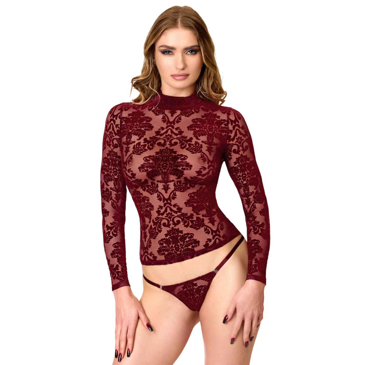 Femme portant un top Masquerade bordeaux en tulle floque transparent a col montant et string assorti - Oh My God'Z