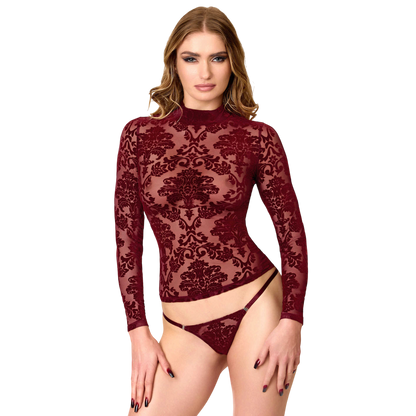Femme portant un top Masquerade bordeaux en tulle floque transparent a col montant et string assorti - Oh My God'Z