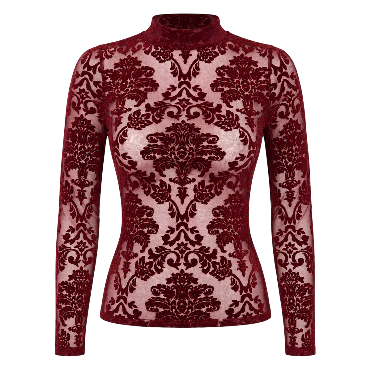 Top ajuste manches longues bordeaux en tulle floque motifs baroques, col montant, vue produit de face - Oh My God'Z
