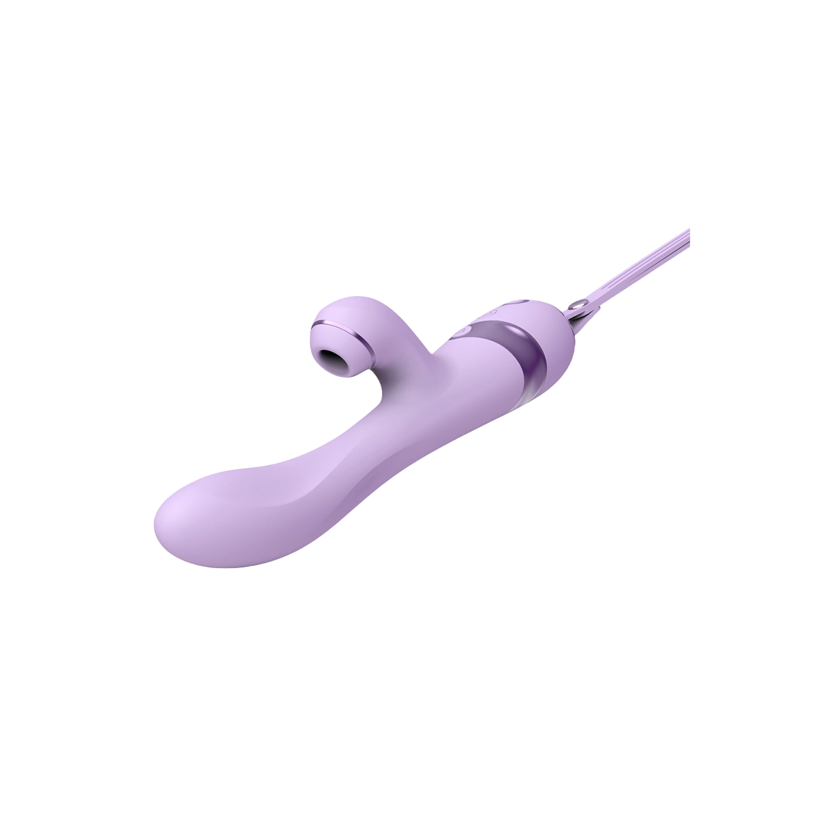 Vibro rabbit DIK Purple Sucker violet vu de profil incline, tige courbee point G et embout aspirant - Oh My God'Z