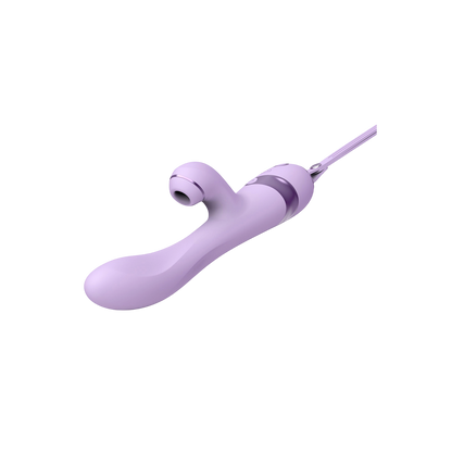 Vibro rabbit DIK Purple Sucker violet vu de profil incline, tige courbee point G et embout aspirant - Oh My God'Z
