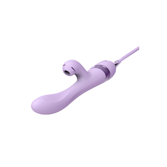 Vibro rabbit DIK Purple Sucker violet vu de profil incline, tige courbee point G et embout aspirant - Oh My God'Z
