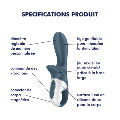 Schéma spécifications vibromasseur gonflable : tige gonflable, commande vibrations, silicone doux - Oh My God'Z