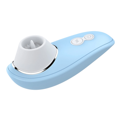 Stimulateur clitoridien bleu en vue de profil montrant la langue vibrante et les commandes - Oh My God'Z