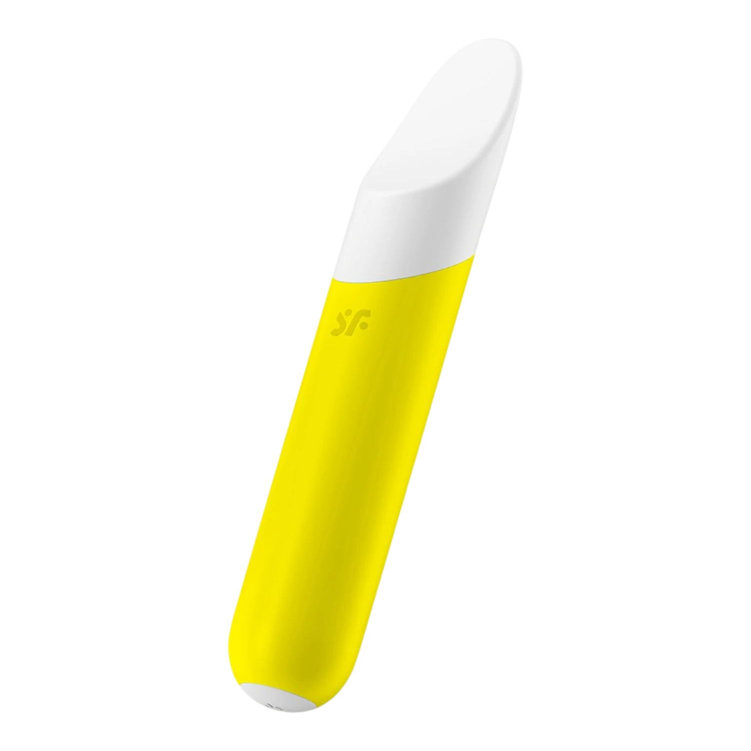 Vibromasseur bullet jaune et blanc en silicone, vue inclinée sur fond blanc - Oh My God'Z