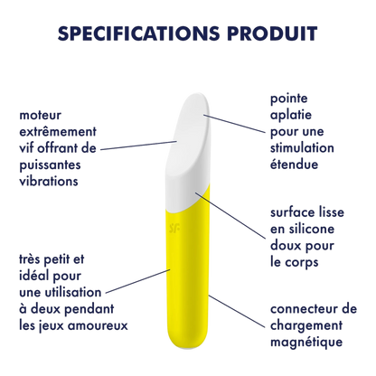 Schéma des spécifications du vibromasseur jaune : pointe aplatie, moteur puissant, silicone doux - Oh My God'Z