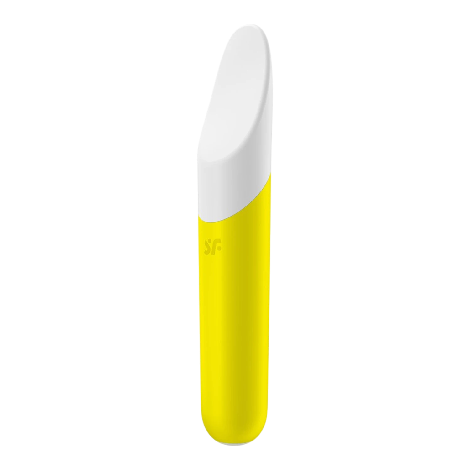 Vibromasseur bullet jaune et blanc USB, vue de face complète sur fond blanc - Oh My God'Z
