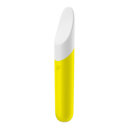 Vibromasseur bullet jaune et blanc USB, vue de face complète sur fond blanc - Oh My God'Z