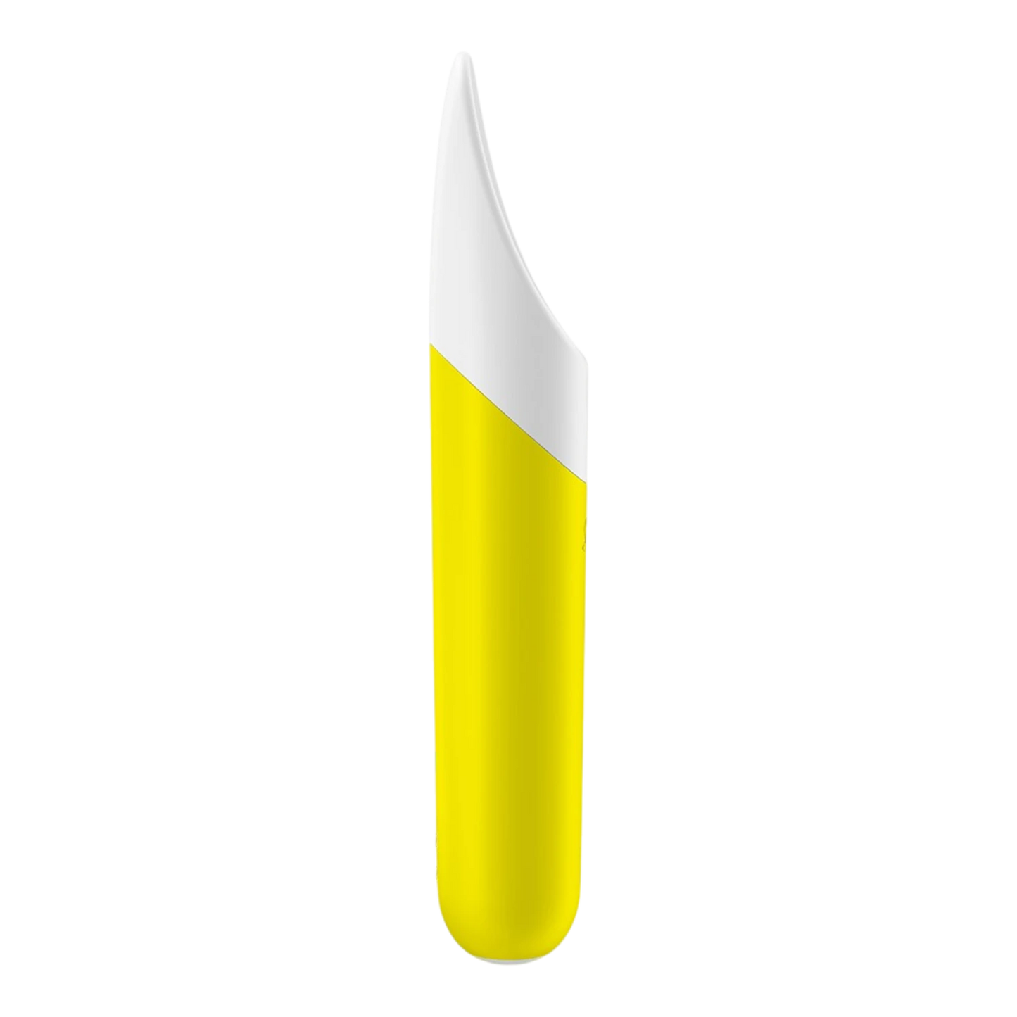 Détail de la pointe aplatie flexible blanche du vibromasseur bullet jaune Satisfyer - Oh My God'Z