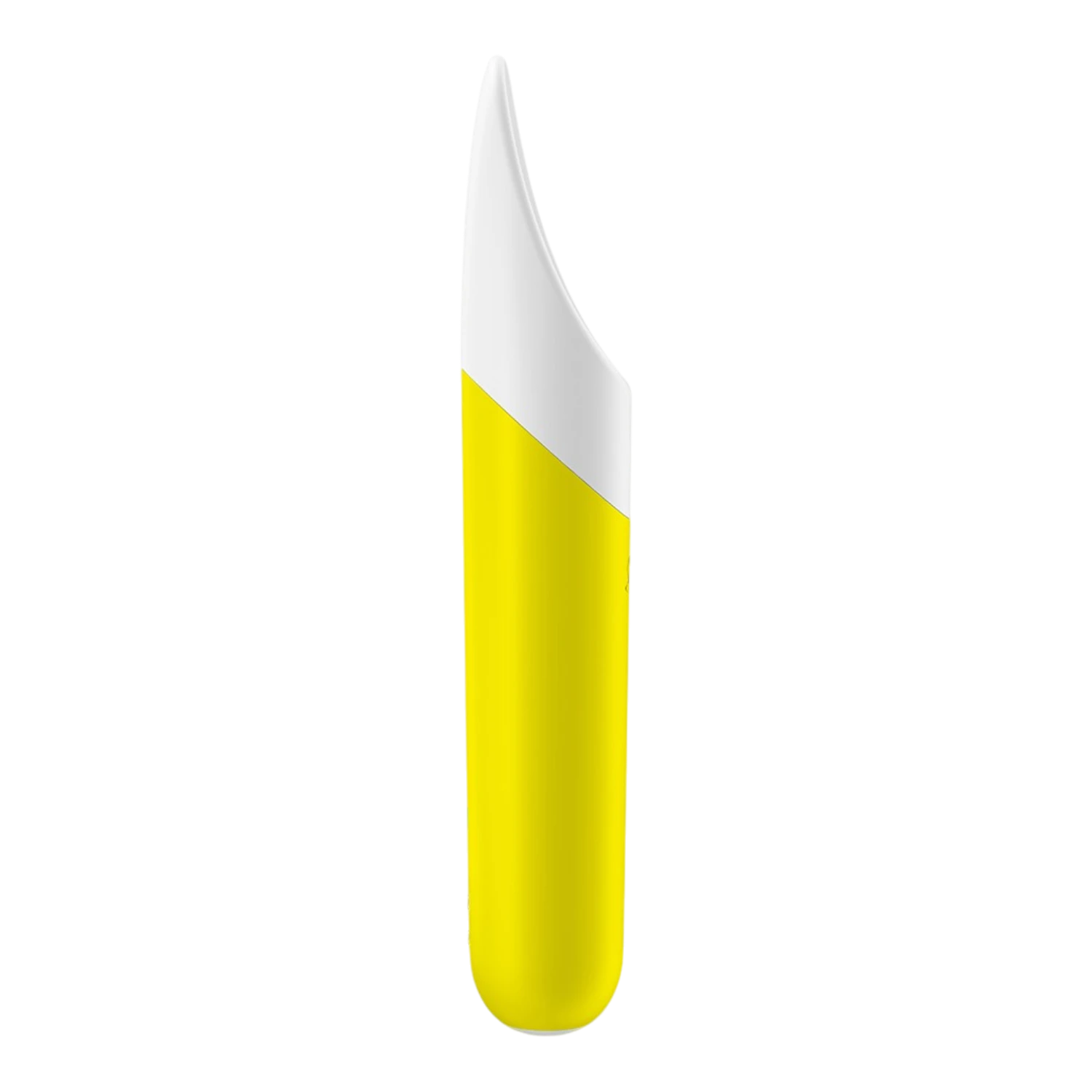 Détail de la pointe aplatie flexible blanche du vibromasseur bullet jaune Satisfyer - Oh My God'Z