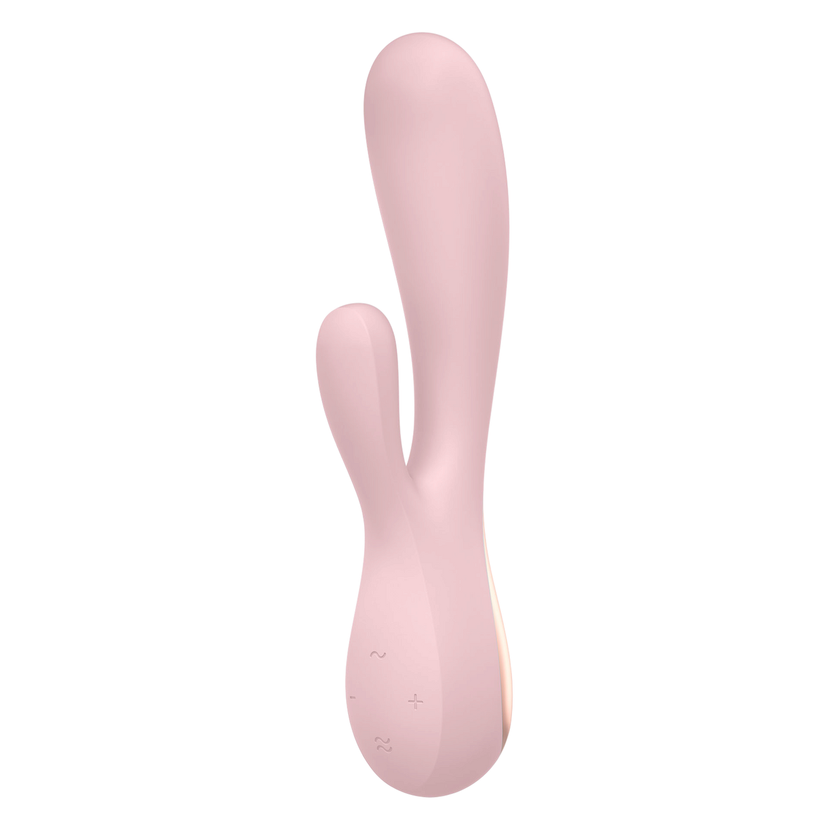 Vibromasseur rabbit Satisfyer Mono Flex rose en silicone, vue de face avec boutons de commande - Oh My God'Z