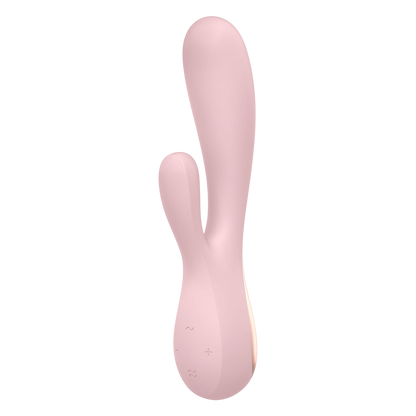 Vibromasseur rabbit Satisfyer Mono Flex rose en silicone, vue de face avec boutons de commande - Oh My God'Z