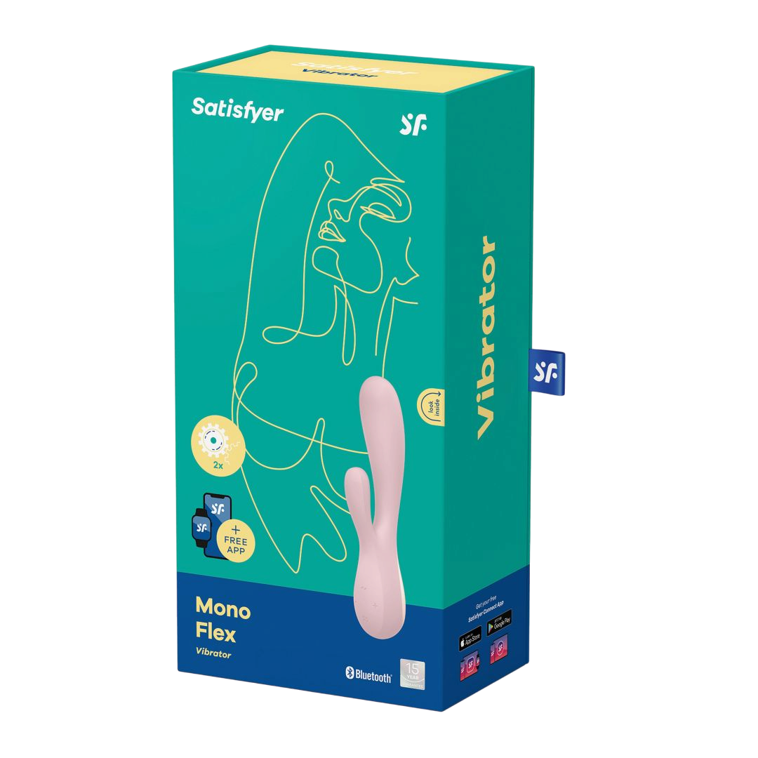 Boite verte du vibromasseur connecte Satisfyer Mono Flex rose en silicone, emballage Bluetooth - Oh My God'Z