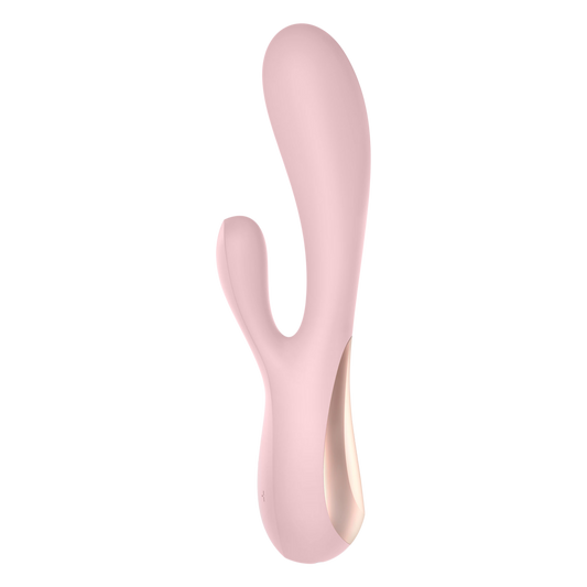 Vibromasseur rabbit Satisfyer Mono Flex rose en silicone doux, vue de profil avec insert dore - Oh My God'Z