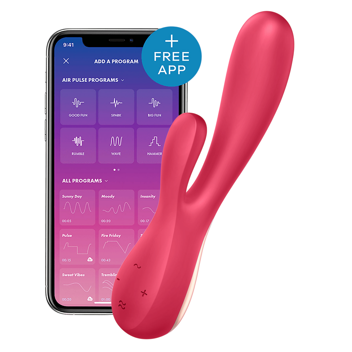 Vibromasseur rabbit connecte Satisfyer Mono Flex rouge en silicone avec smartphone affichant l'application - Oh My God'Z