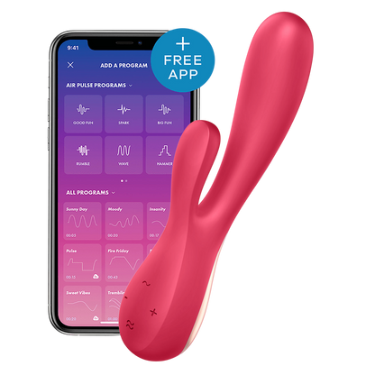 Vibromasseur rabbit connecte Satisfyer Mono Flex rouge en silicone avec smartphone affichant l'application - Oh My God'Z