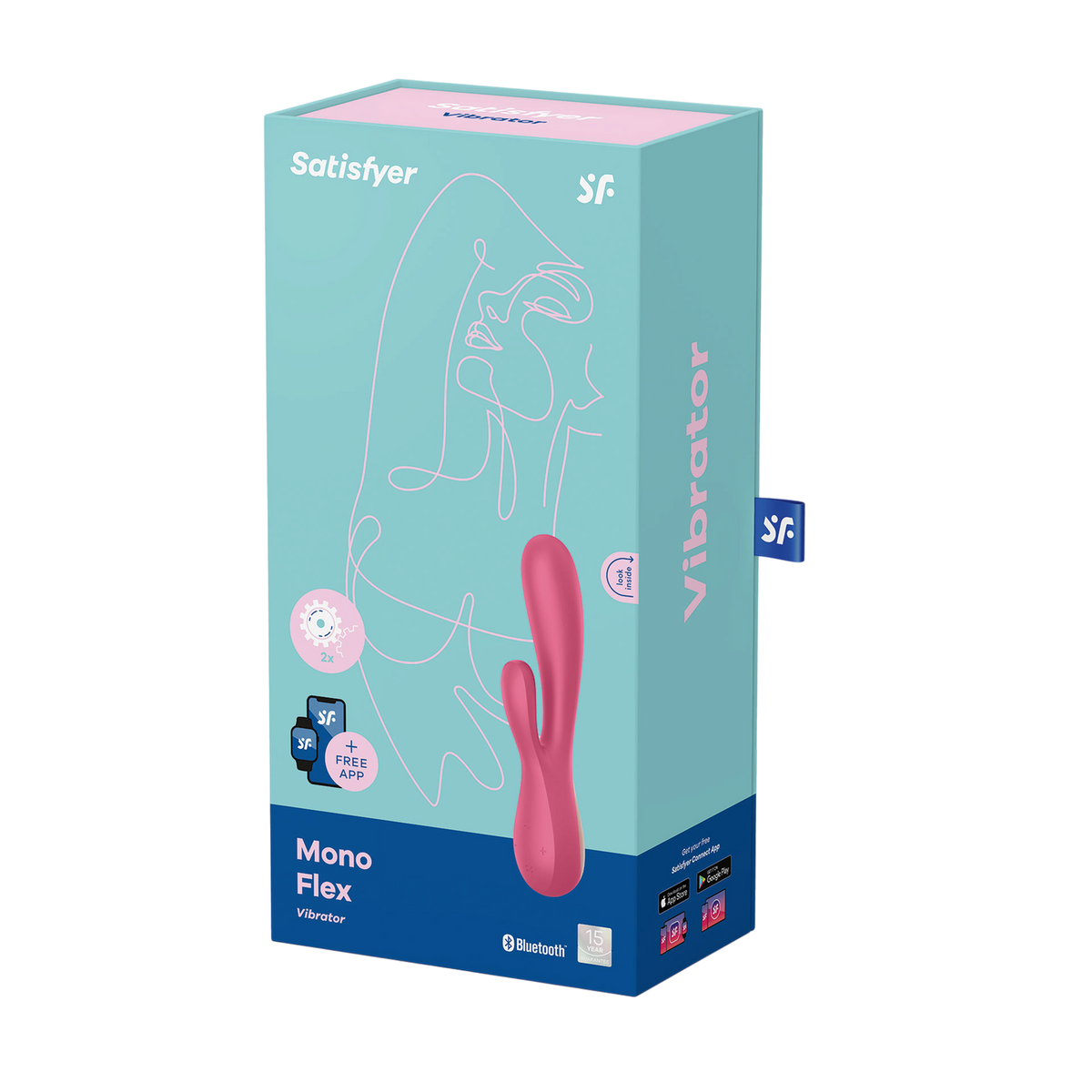 Boite d'emballage turquoise du vibromasseur connecte Satisfyer Mono Flex rouge, Bluetooth et application - Oh My God'Z