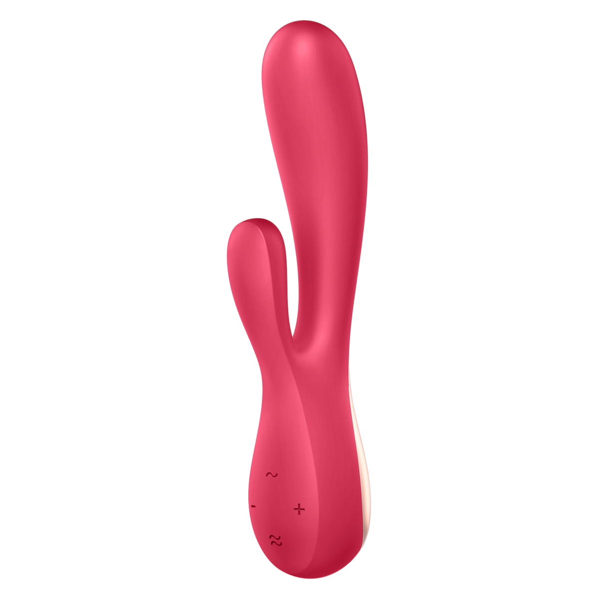 Vibromasseur rabbit Satisfyer Mono Flex rouge en silicone, vue de face avec boutons de commande plus et moins - Oh My God'Z