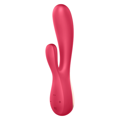 Vibromasseur rabbit Satisfyer Mono Flex rouge en silicone, vue de face avec boutons de commande plus et moins - Oh My God'Z
