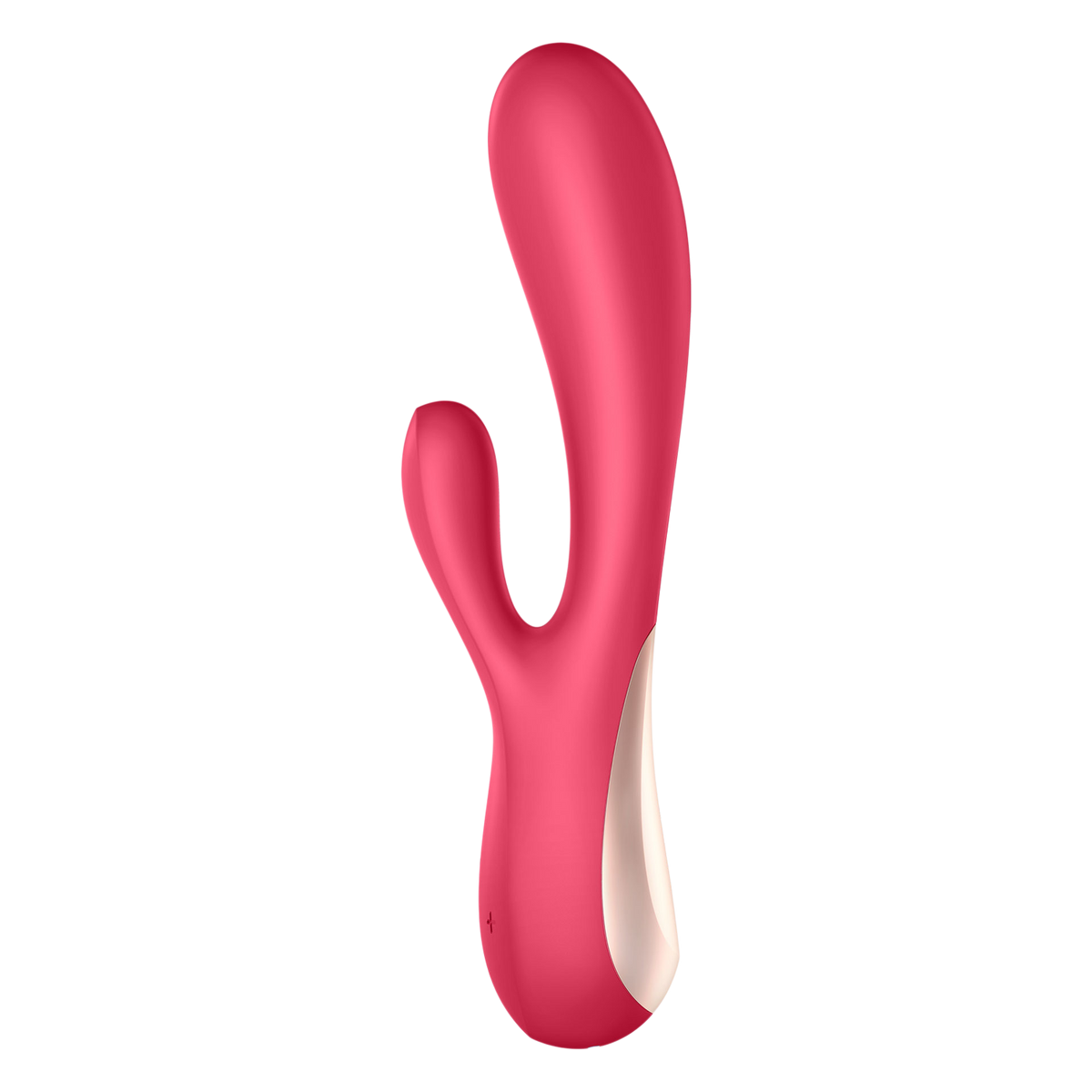 Vibromasseur rabbit Satisfyer Mono Flex rouge silicone, vue de profil avec double tige et insert beige - Oh My God'Z