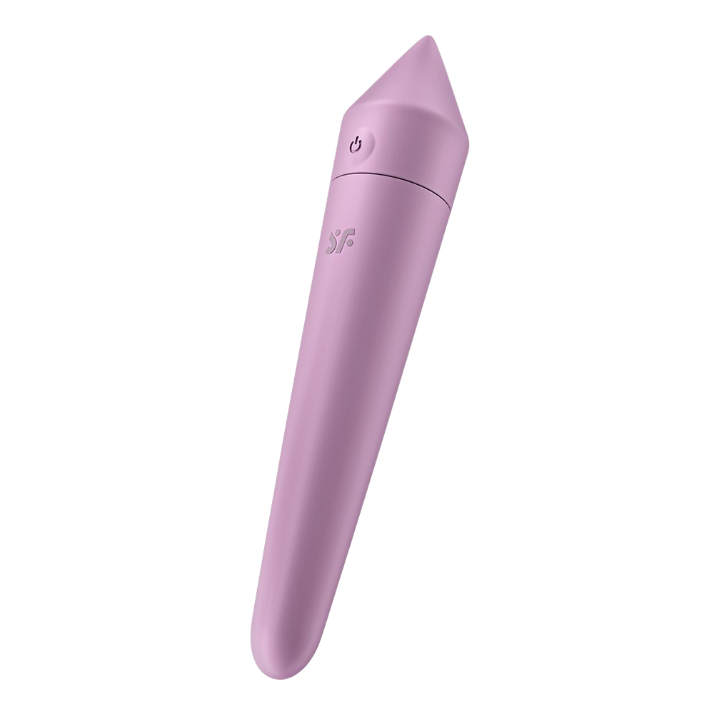 Vibromasseur connecte Ultra Power Bullet 8 Satisfyer lilas en silicone, vue inclinee avec bouton - Oh My God'Z