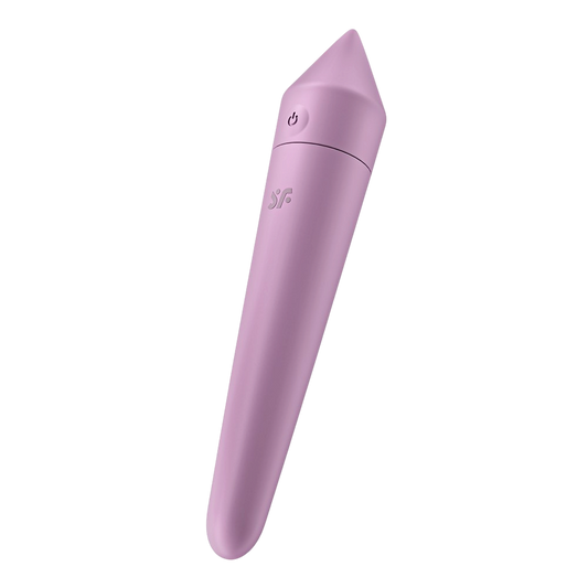 Vibromasseur connecte Ultra Power Bullet 8 Satisfyer lilas en silicone, vue inclinee avec bouton - Oh My God'Z