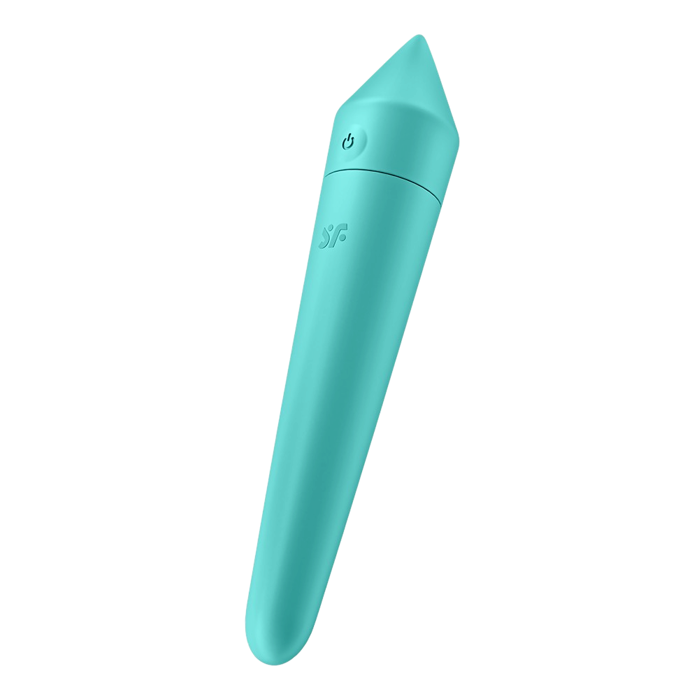 Vibromasseur connecte Ultra Power Bullet 8 Satisfyer turquoise en silicone, vue inclinee pointe conique - Oh My God'Z