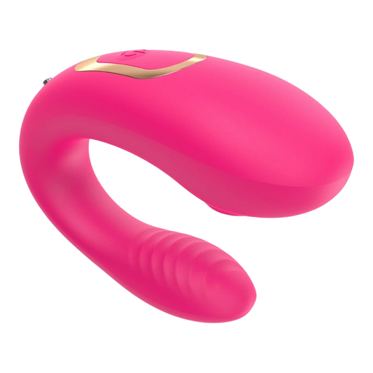 Vibromasseur couple forme U rose en silicone avec télécommande dorée, double moteur - Oh My God'Z