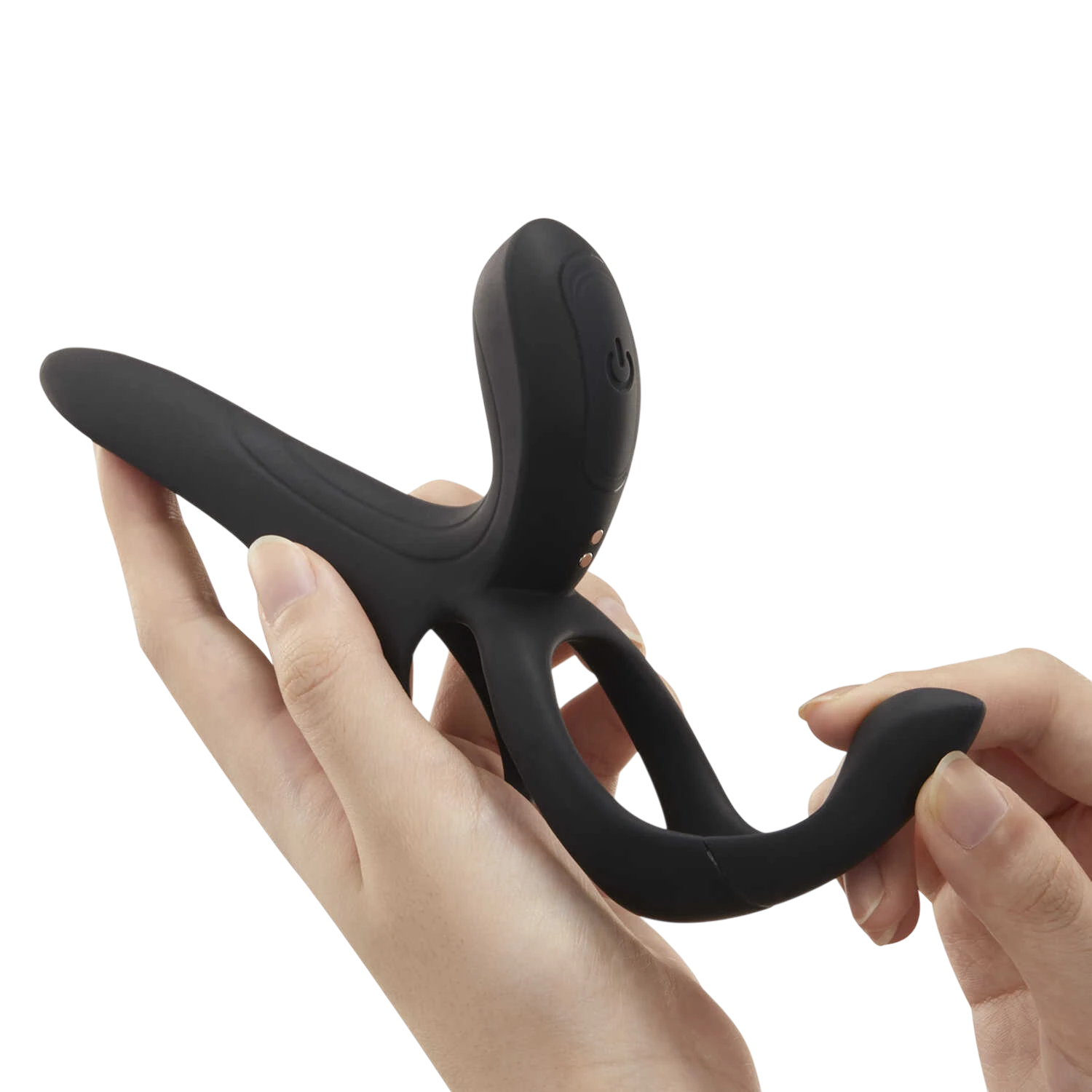 Vibromasseur pour couples Pleasure Pivot noir tenu en main, montrant le design compact et les anneaux extensibles - Oh My God'Z