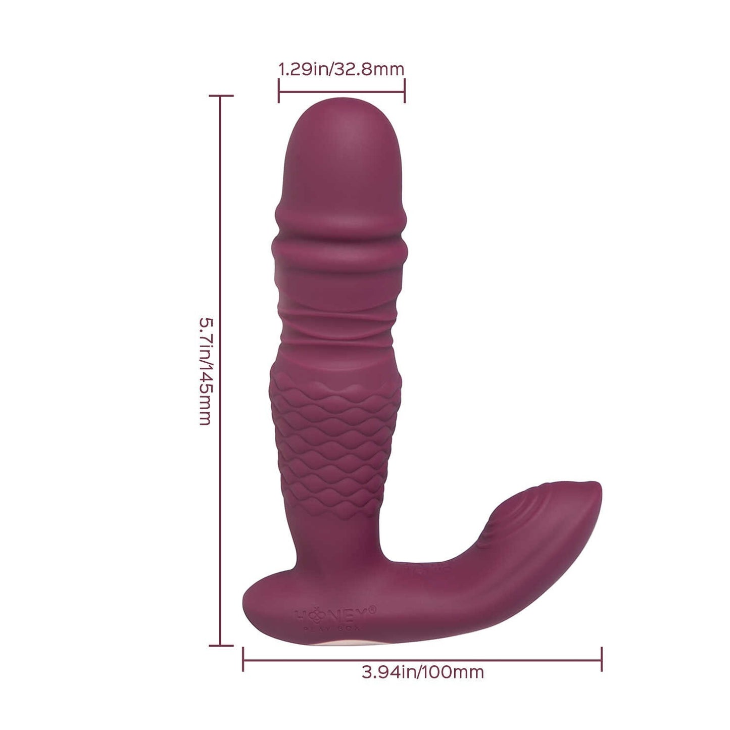 Dimensions du vibromasseur Ryder violet: 145mm de long, 32.8mm de large, avec double extrémité stimulante - Oh My God'Z