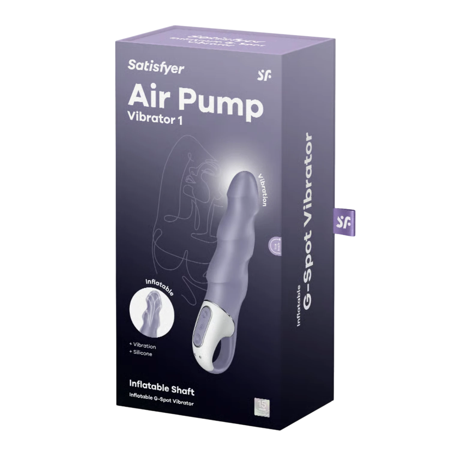 Boîte packaging Satisfyer Air Pump Vibrator 1 mauve et noir avec visuel produit - Oh My God'Z