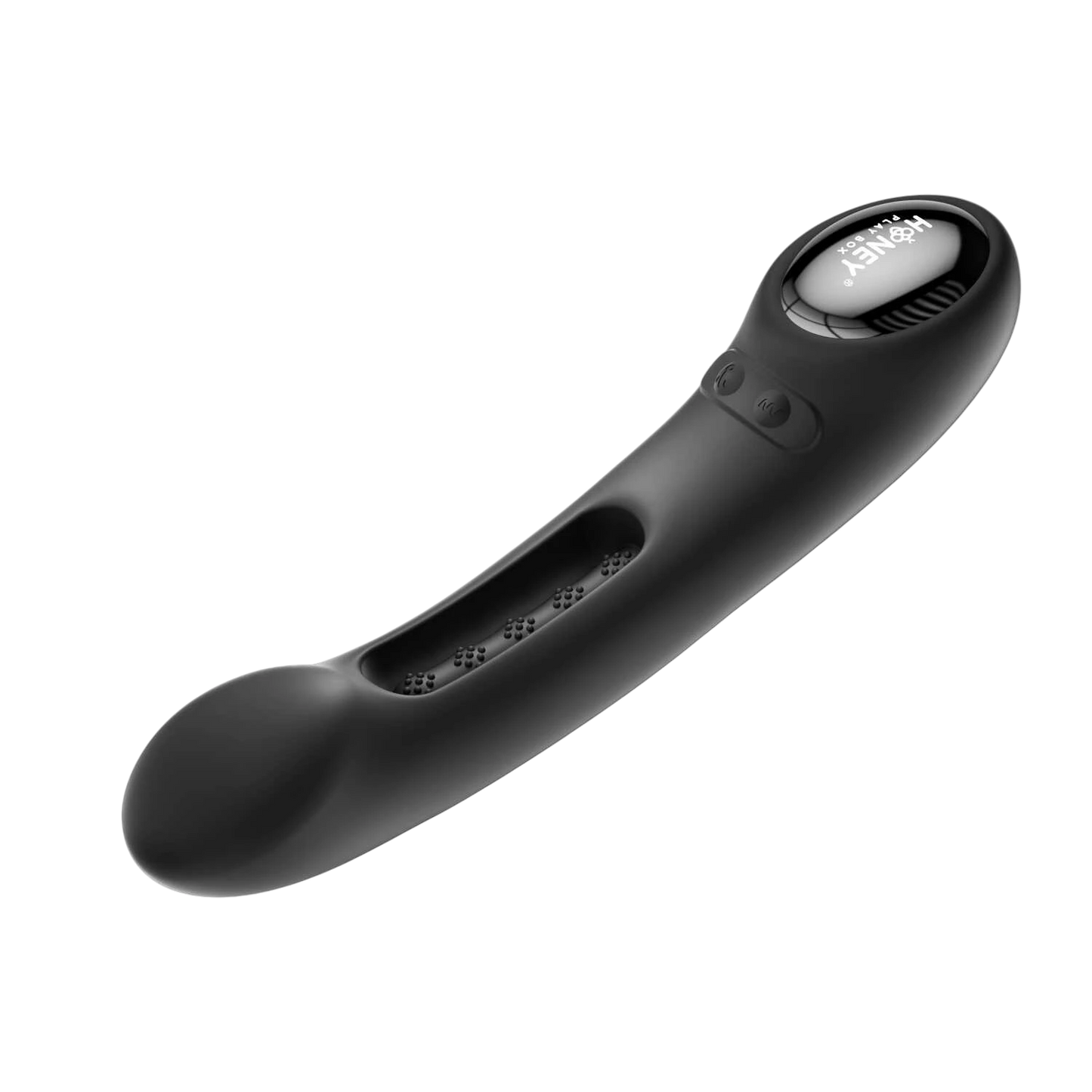 Vibromasseur Tempo noir vue rapprochee sur le bouton de controle et la base ergonomique - Oh My God'Z