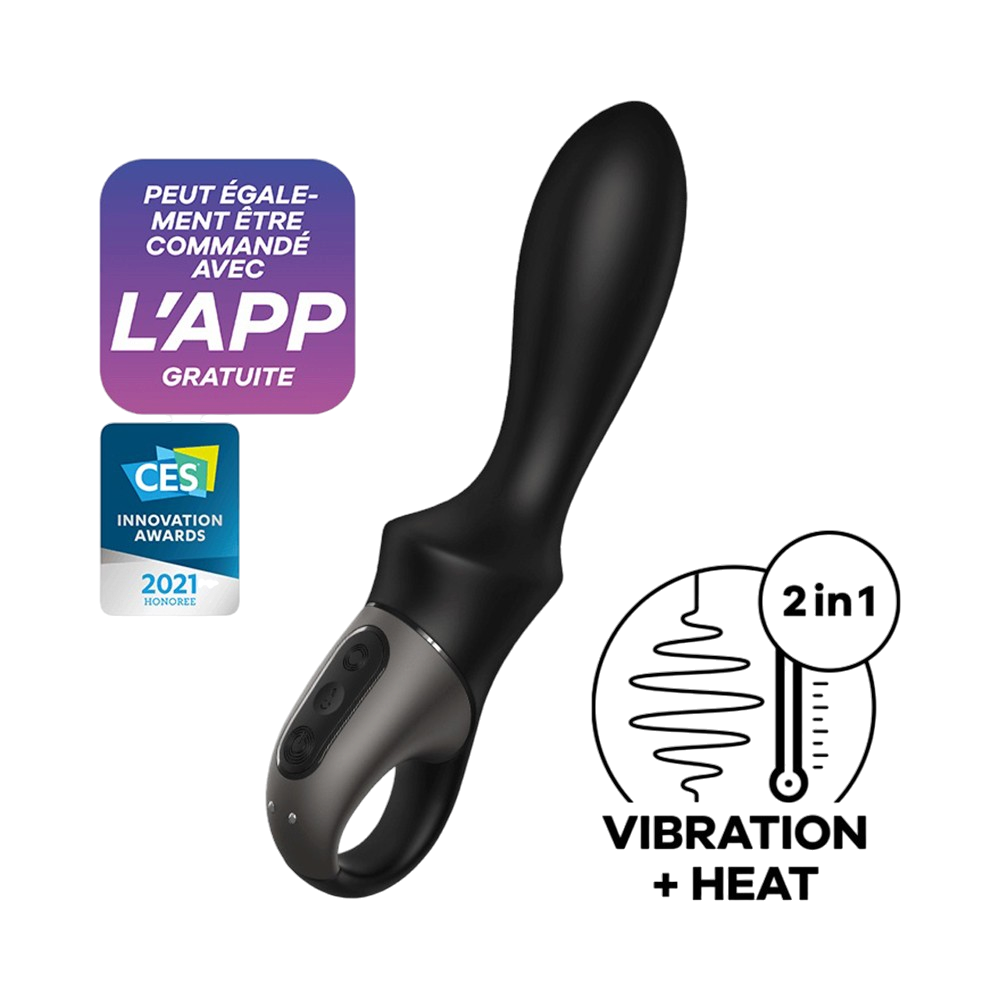 Vibromasseur Heat Climax Satisfyer noir en silicone avec badges app gratuite et vibration chauffante - Oh My God'Z