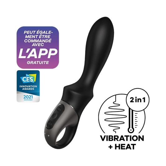 Vibromasseur Heat Climax Satisfyer noir en silicone avec badges app gratuite et vibration chauffante - Oh My God'Z