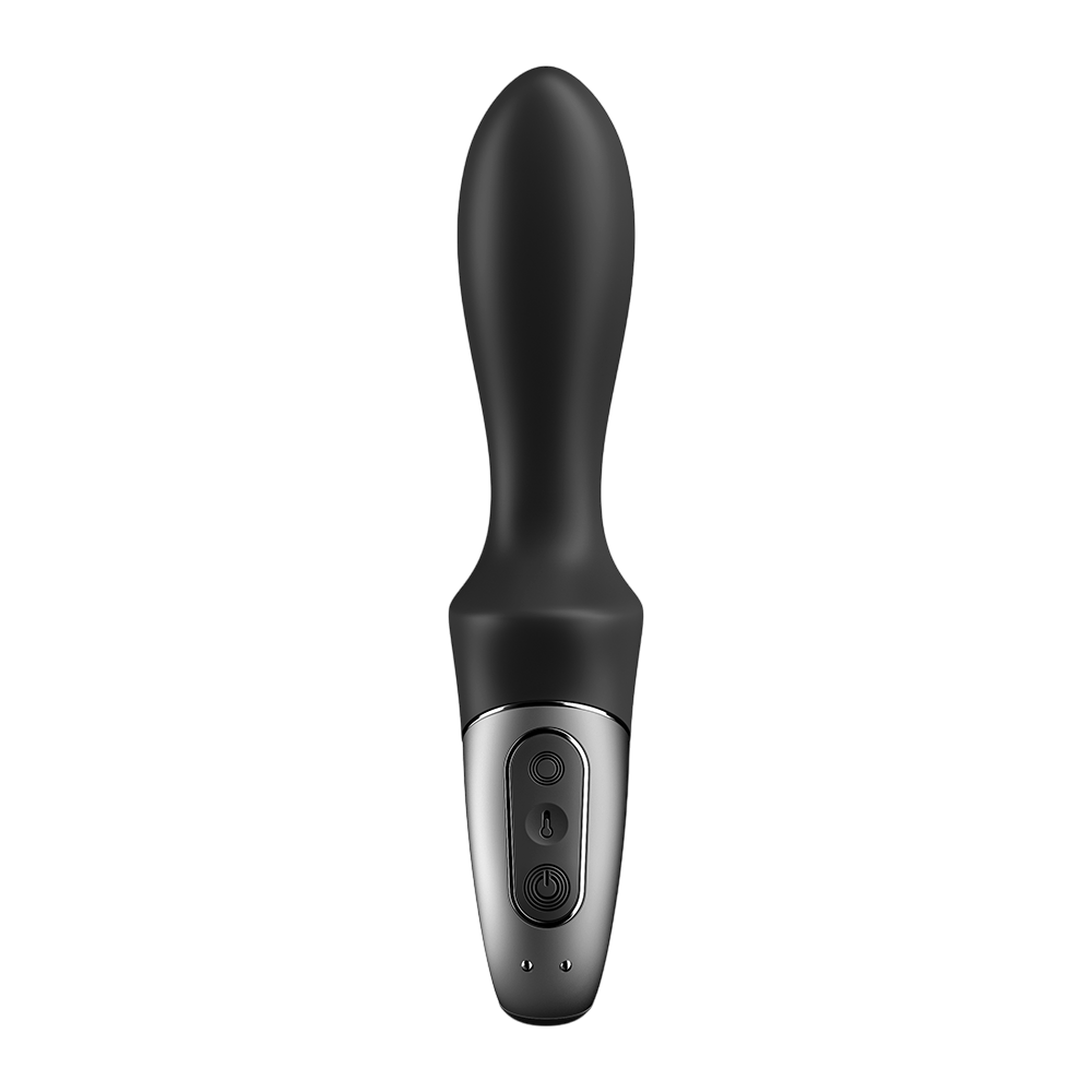Vibromasseur Satisfyer Heat Climax noir silicone vu de dos, panneau argente avec boutons et temoins - Oh My God'Z