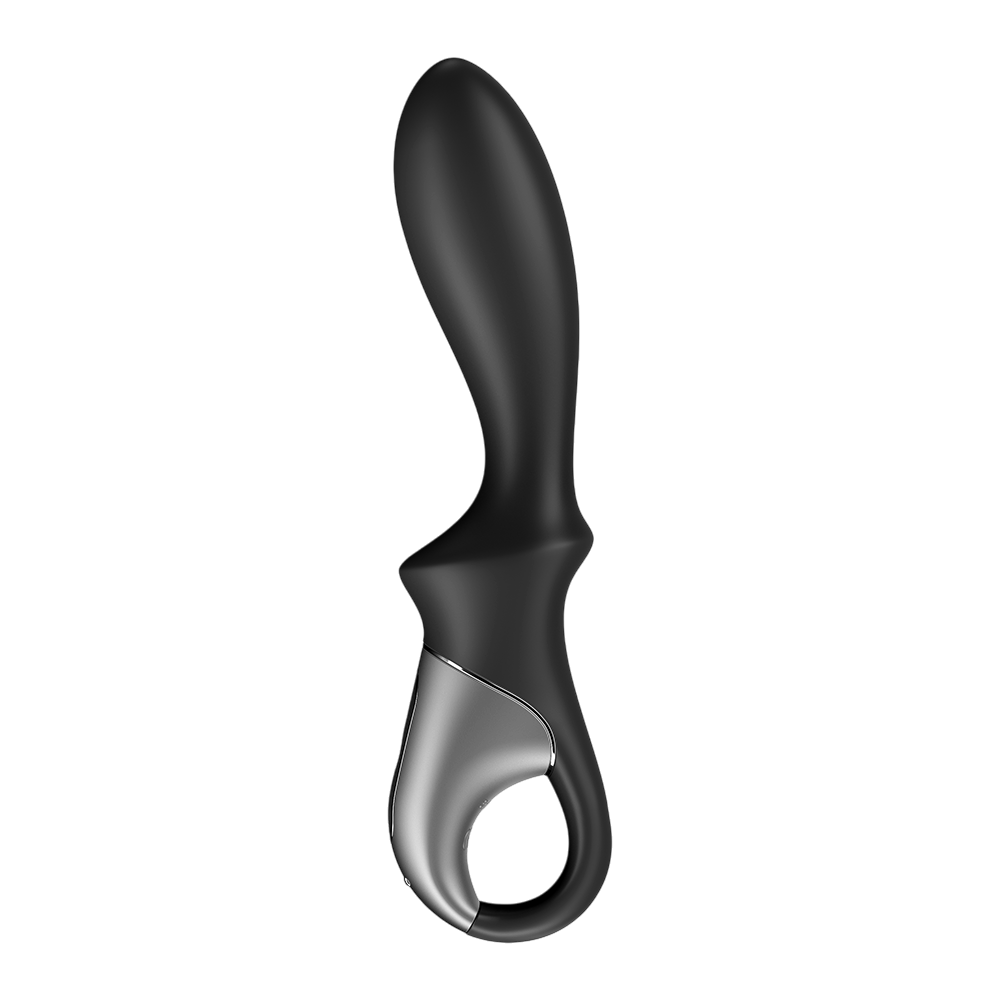 Vibromasseur chauffant Satisfyer Heat Climax noir en silicone vu de profil avec poignee anneau argentee - Oh My God'Z