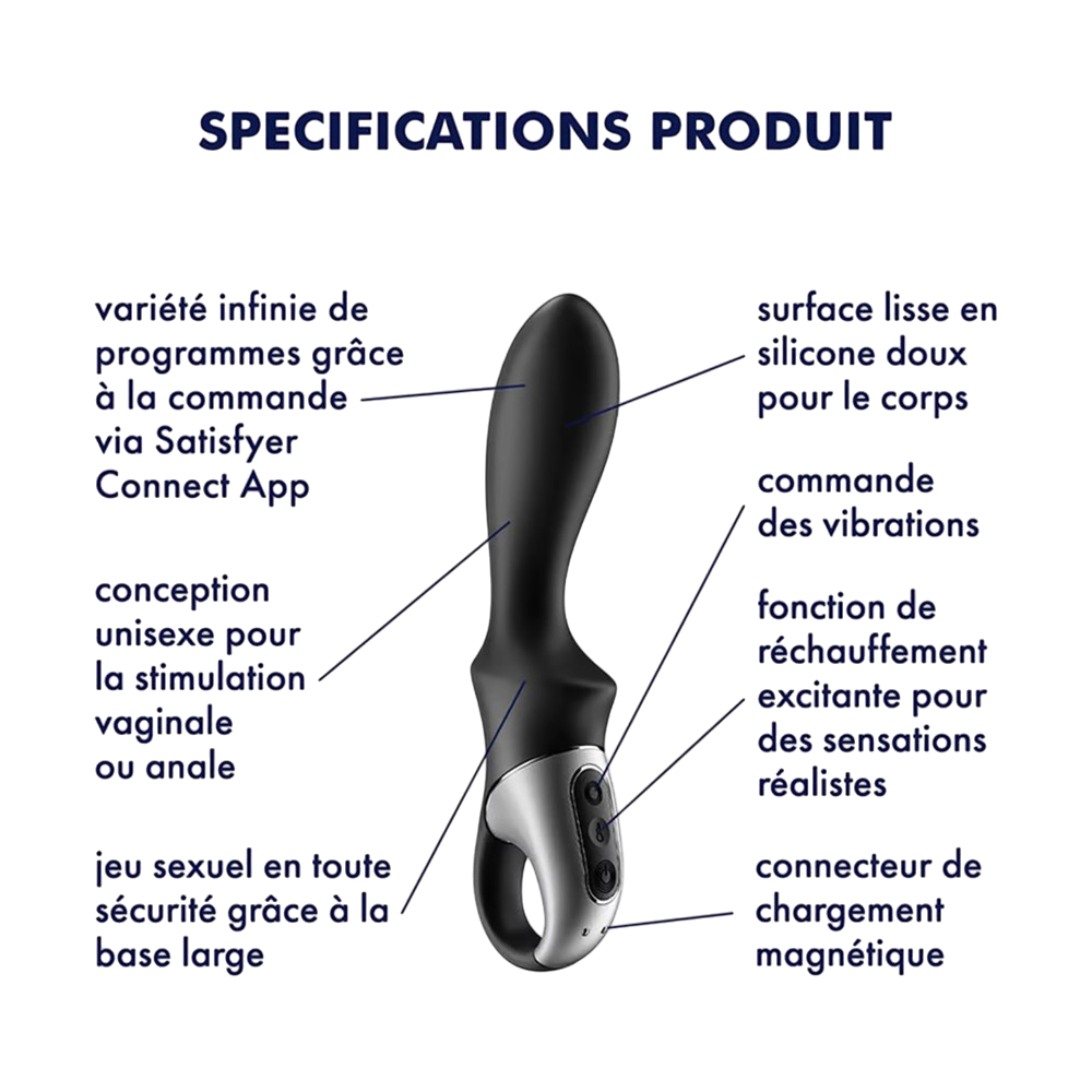 Schema des specifications du vibromasseur Satisfyer Heat Climax noir en silicone doux chauffant - Oh My God'Z