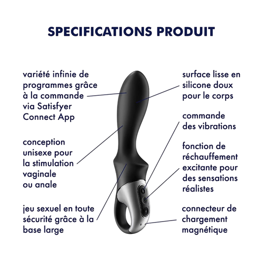 Schema des specifications du vibromasseur Satisfyer Heat Climax noir en silicone doux chauffant - Oh My God'Z