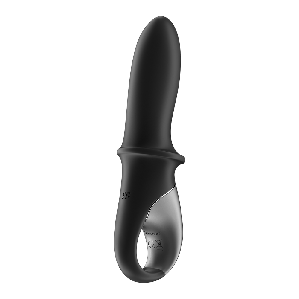 Vibromasseur connecte Hot Passion Satisfyer noir silicone, vue arriere avec logo et anneau argente - Oh My God'Z