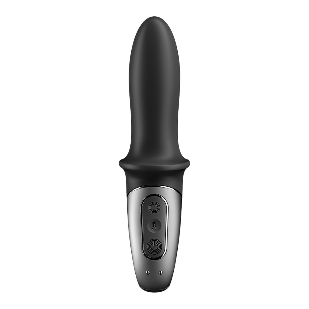 Vibromasseur Hot Passion Satisfyer noir en silicone vu de face, panneau de controle et temoins LED - Oh My God'Z